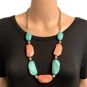 Chunky Simulated Turquoise  Coral Statement Necklace With Gold Chain and Beads